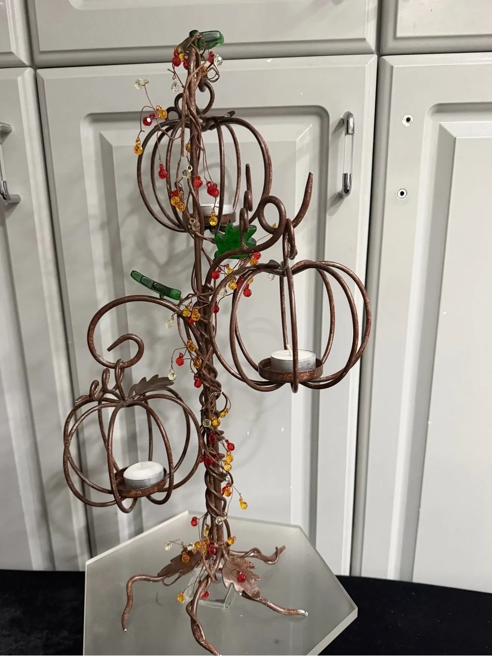 Pottery Barn Rustic Metal Bronze Brown Twig Branch 3 Pumpkins Tealight Holder